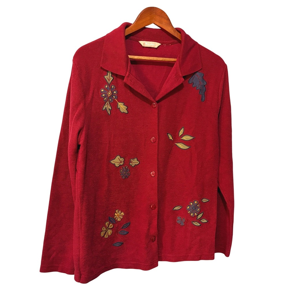 TanJay Burgundy Red Embroidered Floral Leaf Button Front Cardigan SweaterVintage